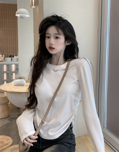 Real shot Autumn design pleated slimming bottoming shirt long-sleeved T-shirt top