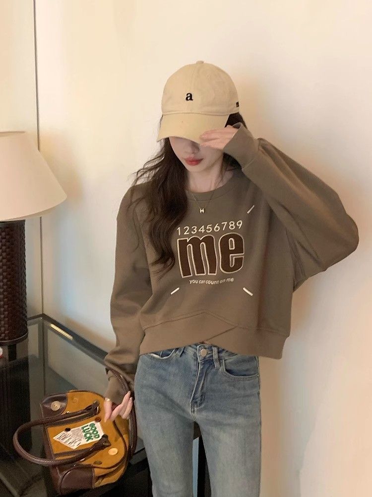 Heavy 330g pure cotton round neck pullover sweatshirt women's short cross-over bottoming shirt cotton long-sleeved top
