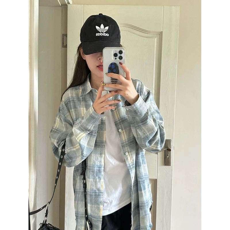 95% cotton French retro blue plaid shirt women's design niche long-sleeved loose large size mid-length jacket