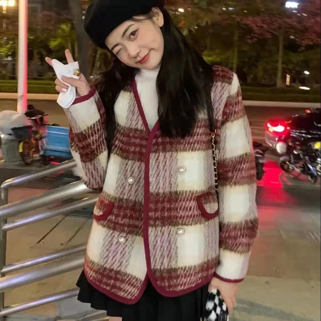 Winter small fragrant style Christmas red thickened quilted temperament plaid woolen jacket M-4XL200