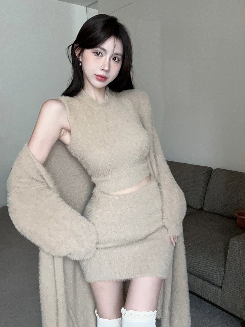 Real shot mink velvet three-piece cardigan jacket + vest + hip-covering skirt plush suit