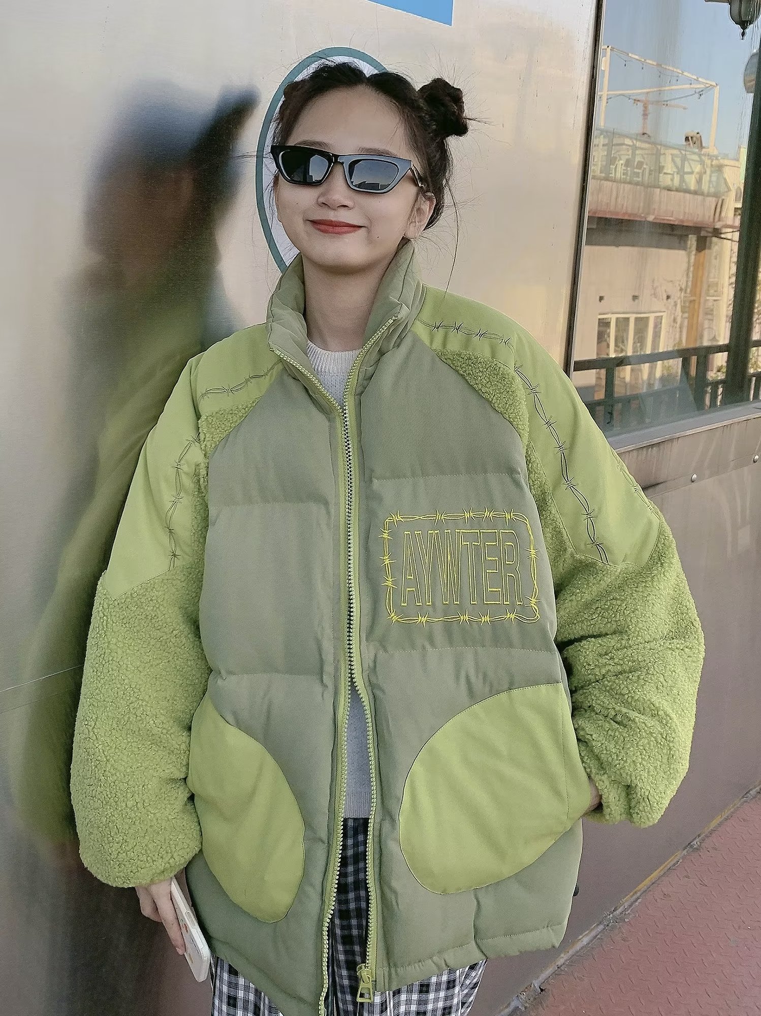 Green cotton clothes for girls in autumn and winter American retro bread clothes for junior high and high school students loose quilted thickened jackets trendy