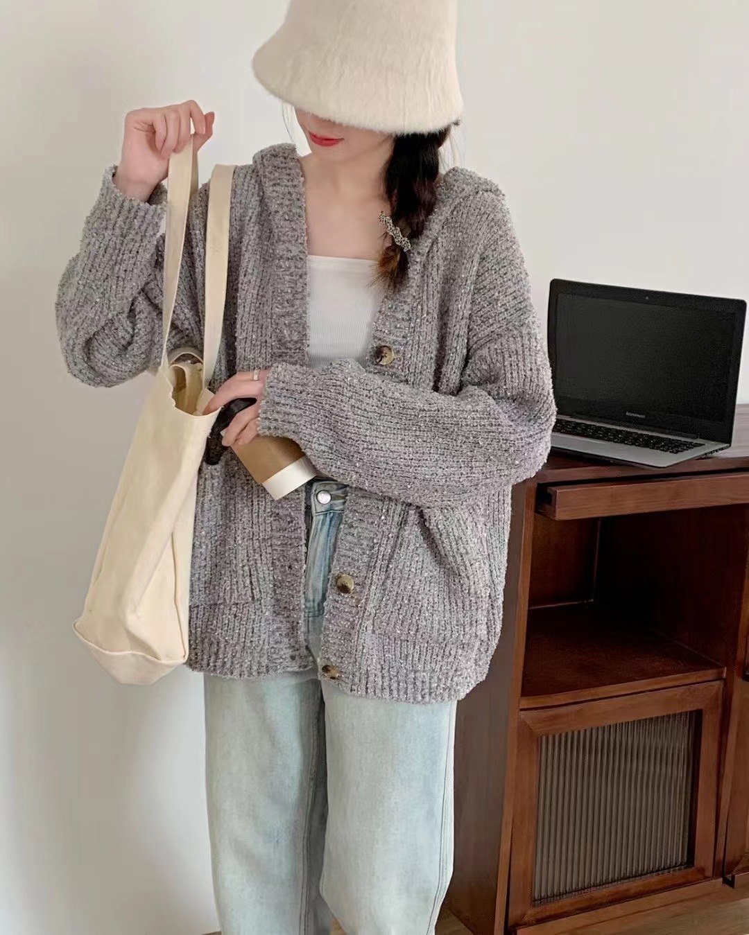 慵懶風雪花絨連帽軟糯外套秋冬小眾寬鬆長袖針織開衫外搭上衣毛衣