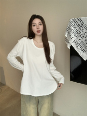 Photographed Solid Color Winter Fleece Thick Round Neck Irregular Arc Hem Loose Minimalist T-Shirt