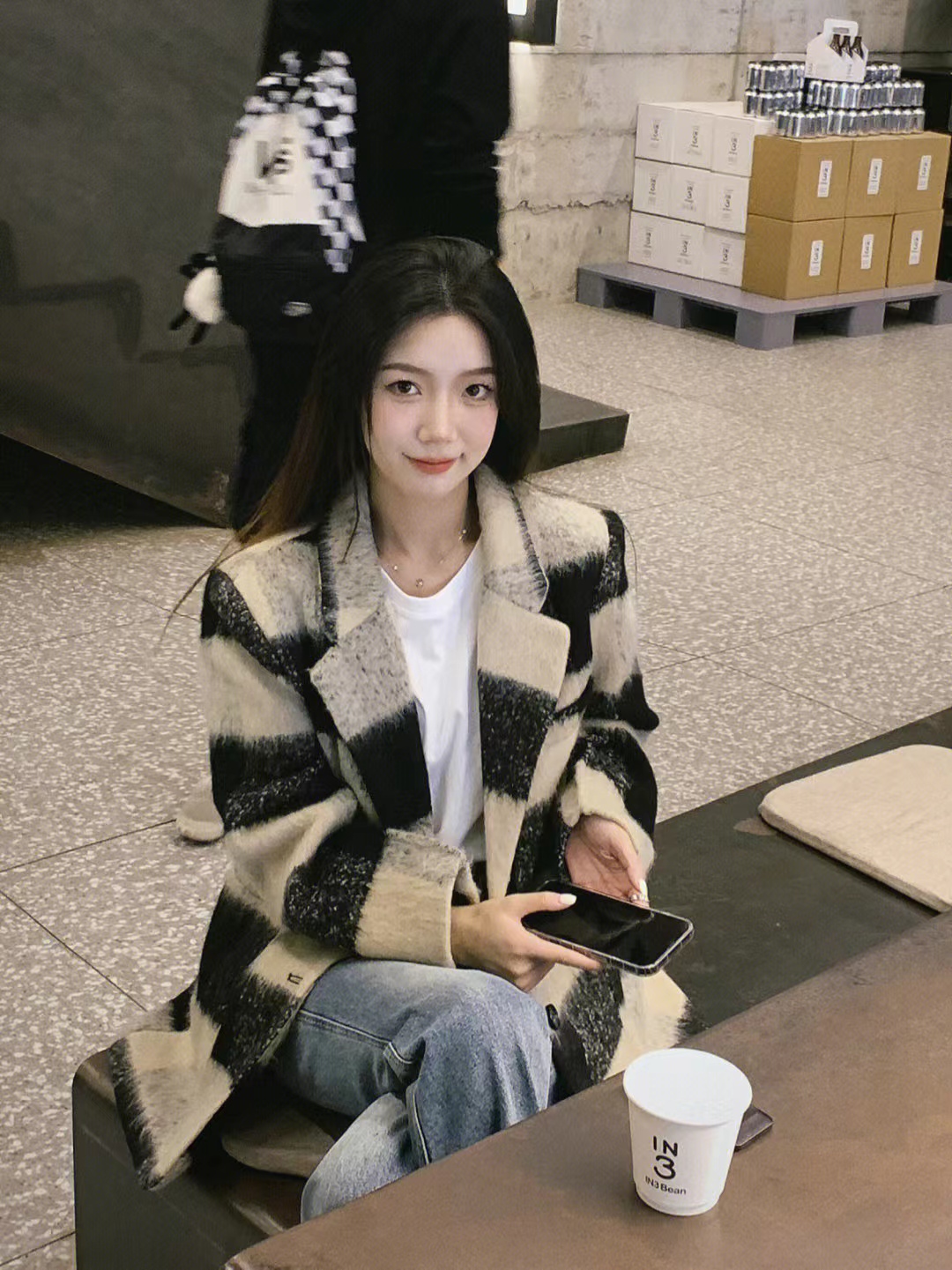 韓系格子毛呢西裝外套女裝秋冬中長款赫本風寬鬆氣質加厚呢子大衣