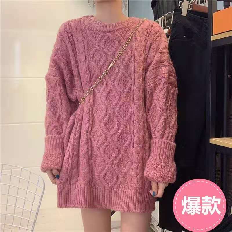 韓國寬鬆復古加厚慵懶寬鬆外穿麻花菱紋中長款毛衣女