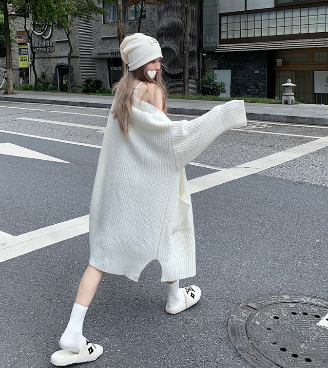 高級感中長款純色長袖毛衣外套女秋冬復古慵懶風寬鬆針織開衫上衣