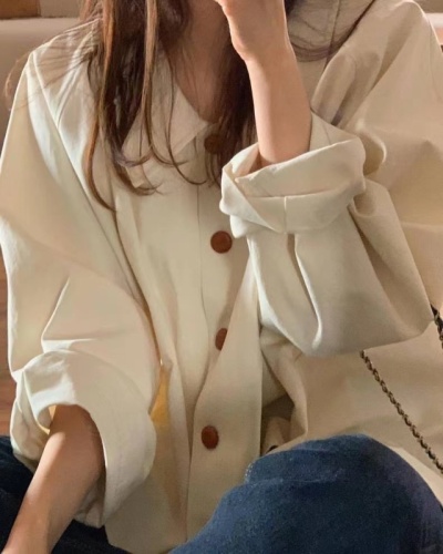 French simple lapel shirt for women 2023 autumn new casual versatile loose shirt apricot age-reducing long-sleeved top
