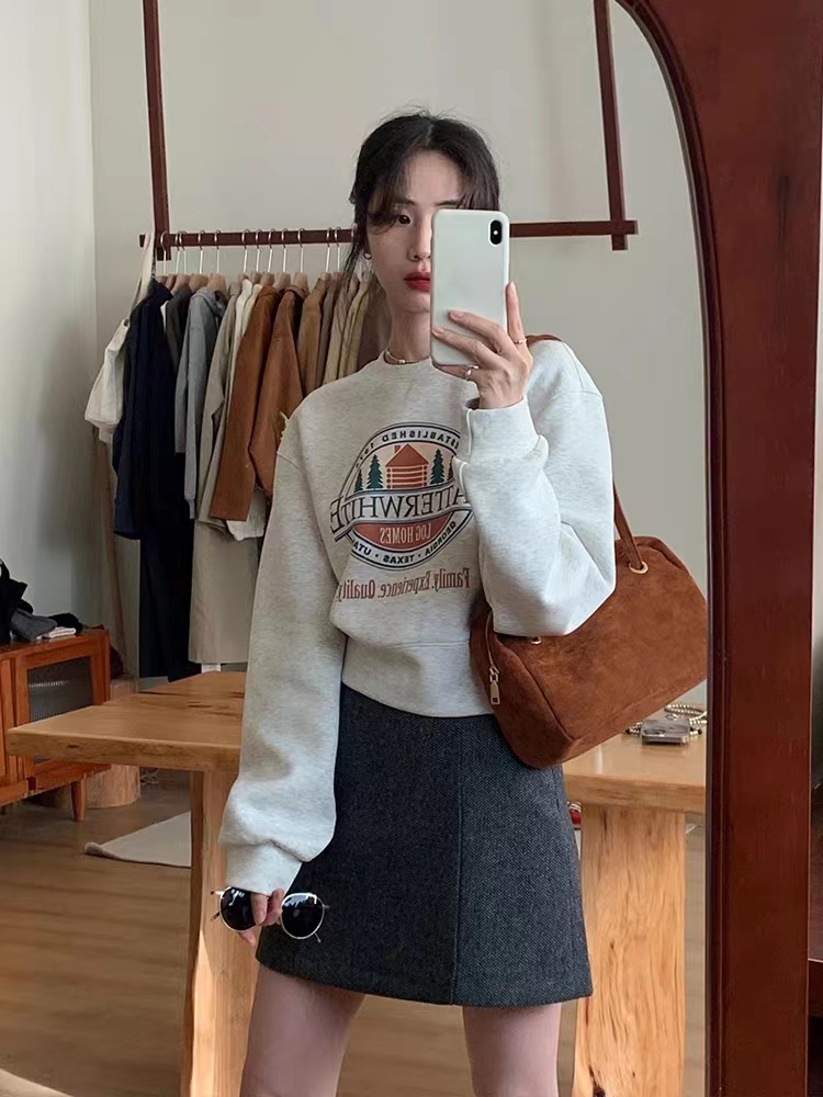 Pure cotton composite petite short sweatshirt women's autumn and winter loose lazy style long-sleeved round neck top