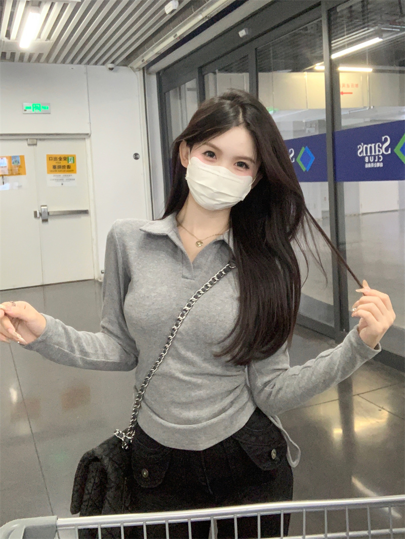 Fashionable POLO collar long-sleeved T-shirt with chest pad for women, autumn and winter inner drawstring slim fit top