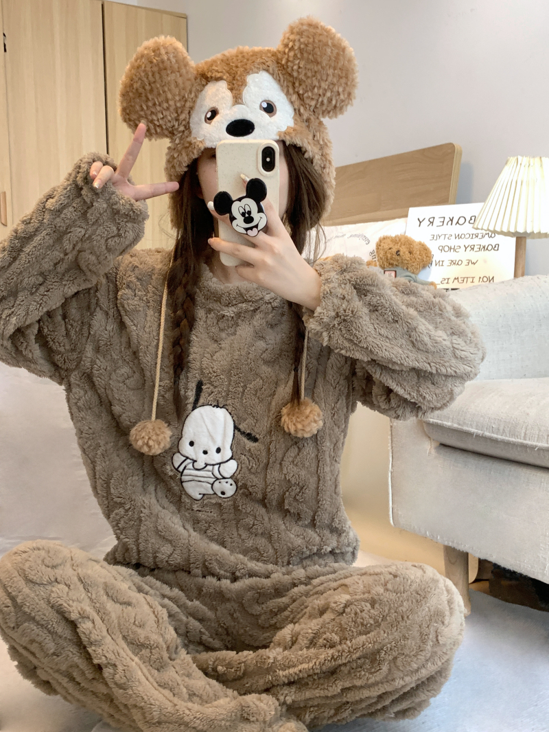 實拍 加厚珊瑚絨睡衣女卡通長袖保暖家居服秋冬法蘭絨套裝