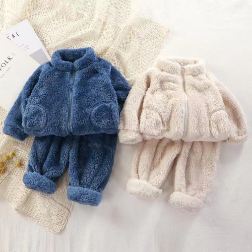 套装秋冬季男女宝宝毛绒保暖衣宝宝纯色时尚家居服拉链款两件套