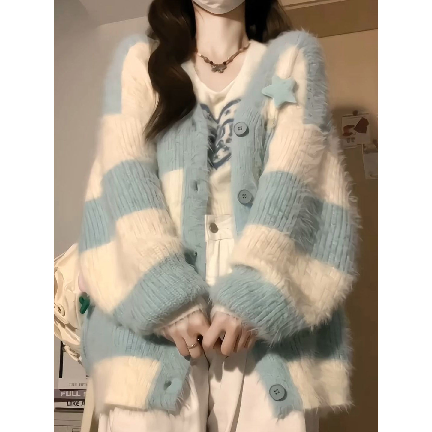 Women's Autumn and Winter Thickened Gentle and Lazy Wind Mid-Length Knitted Tops with Milky Striped V-neck Sweater Cardigan Jacket