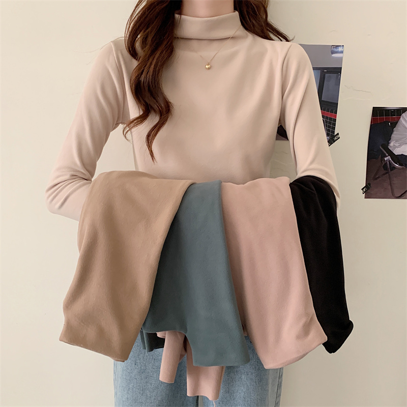 Actual shot of German velvet half turtleneck bottoming shirt for women, autumn and winter inner layer with velvet and thickened brushed hot girl long-sleeved top trendy