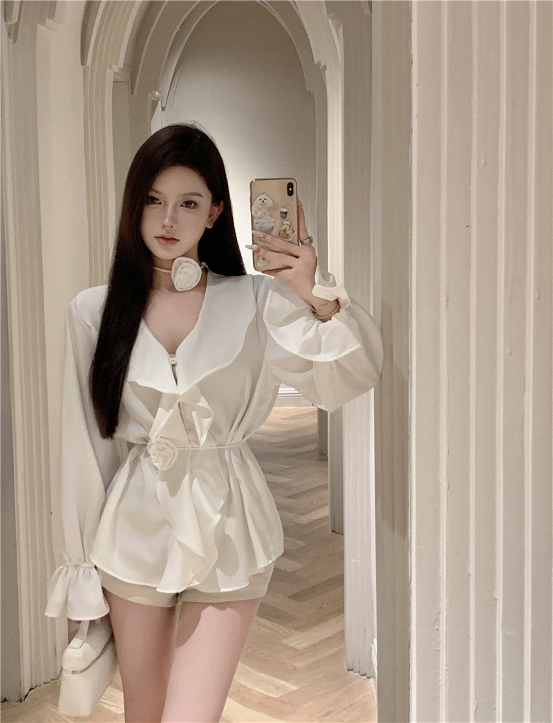 Real shot ~ High-end white satin shirt for women, early autumn temperament, ruffled V-neck waist slimming shirt