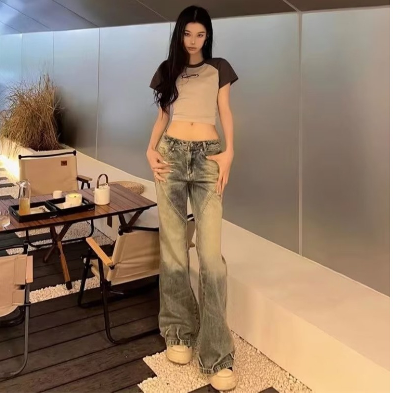 美式復古水洗做舊低腰微喇牛仔褲女設計感小眾直筒顯瘦闊腿拖地褲