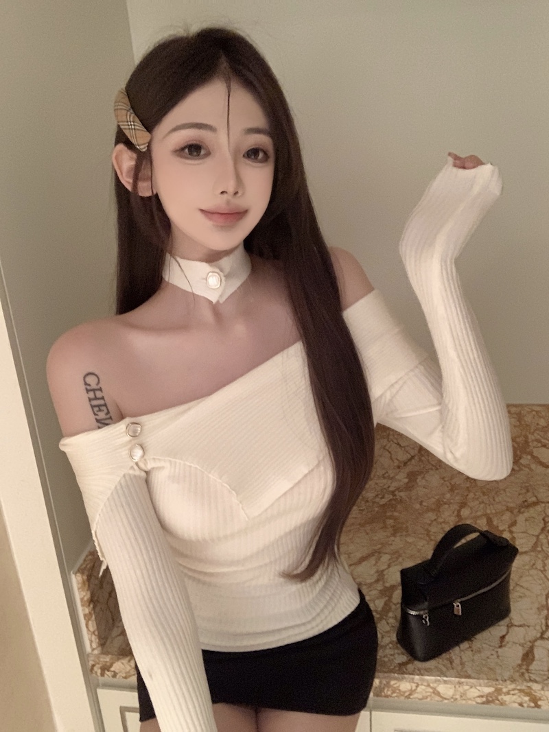 實拍 純欲辣妹一字肩針織衫女秋季新款別致絕美小衫長袖外穿上衣