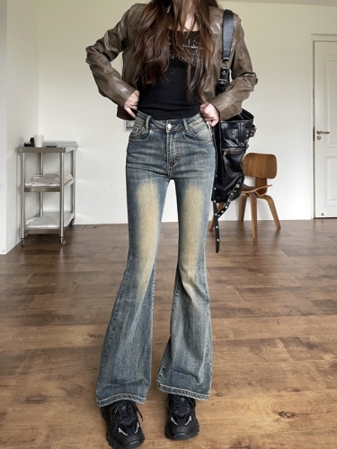 Actual shot#New retro distressed stretch denim trousers for women with design micro-flared floor-length trousers