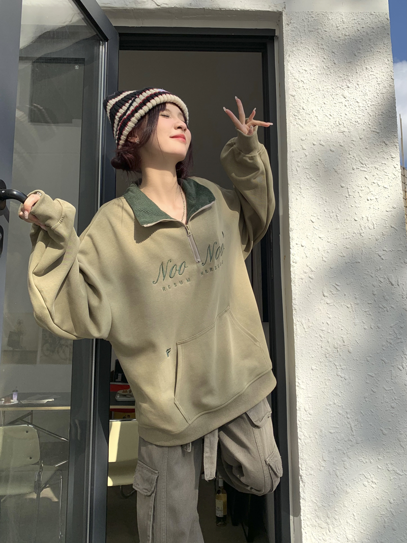 實拍 三標齊 美式復古polo領設計感半拉鏈寬鬆oversize上衣