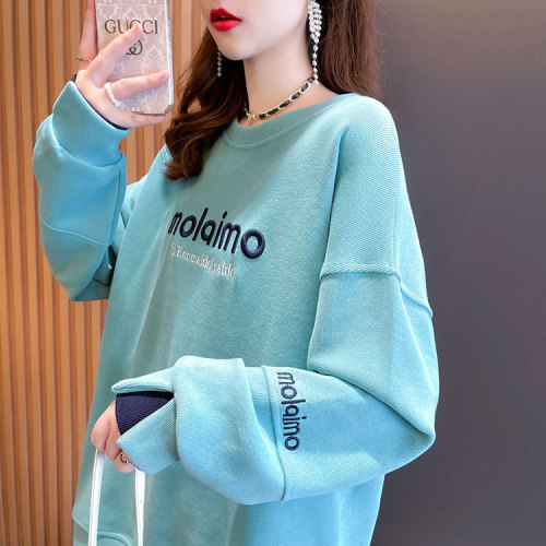 Real shot of new autumn letter embroidered thin round neck sweatshirt for women