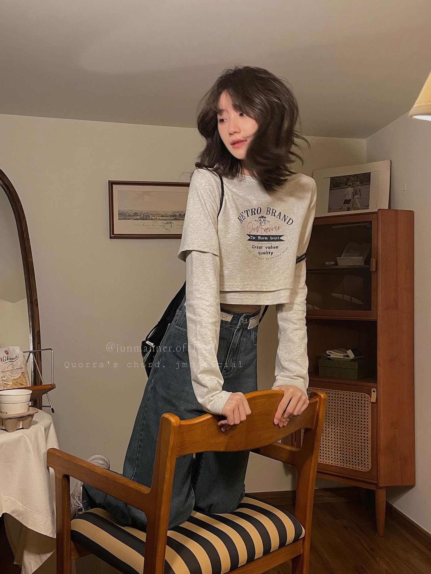 jmwomen灰色假兩件短款字母印花套頭長袖t恤女秋季日系復古上衣