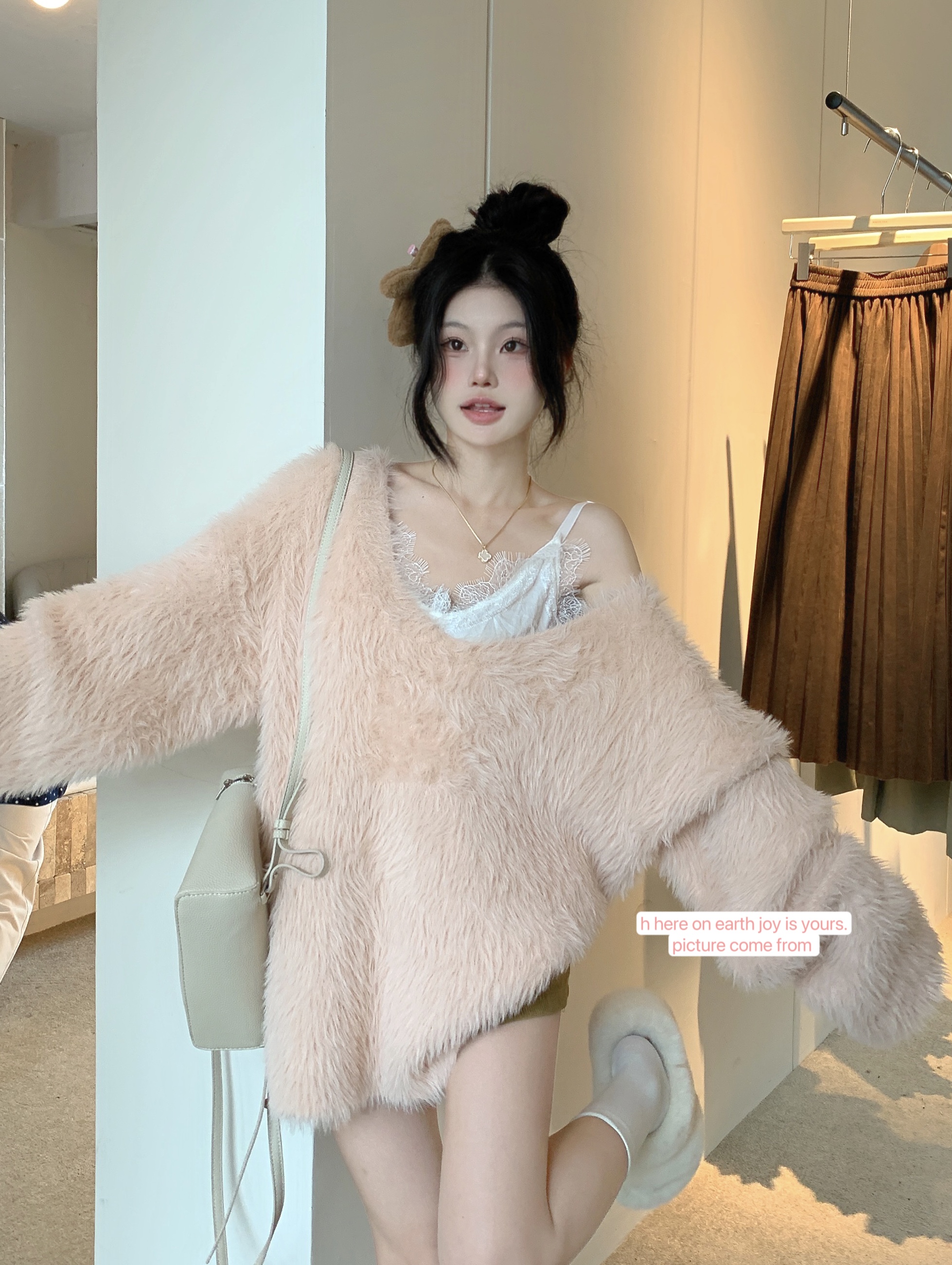 Actual shot of lazy style loose plush knitted pullover sweater suit