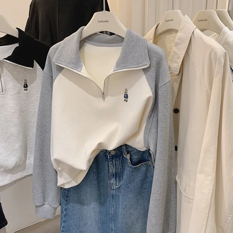 高品質半拉鏈撞色翻領加絨衛衣女秋冬新款刺繡胸標套頭加厚上衣