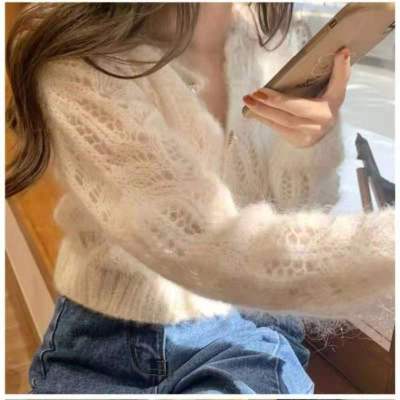 Thin Hollow Mohair Sweater Cardigan 2023 New Spring Loose Small Fragrance Style Short Sweater Jacket