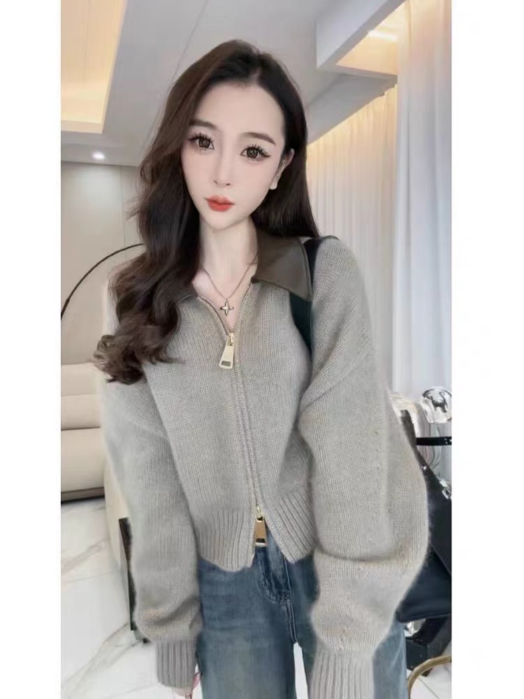 韓版時尚拼接領口毛衣開衫外套女秋季新款寬鬆百搭洋氣小眾上衣潮