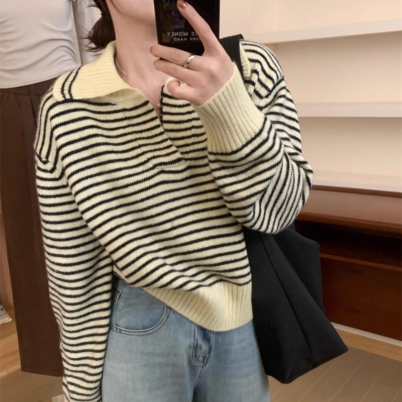 韓國chic秋冬減齡復古polo領氣質條紋撞色套頭休閒加厚針織毛衣女