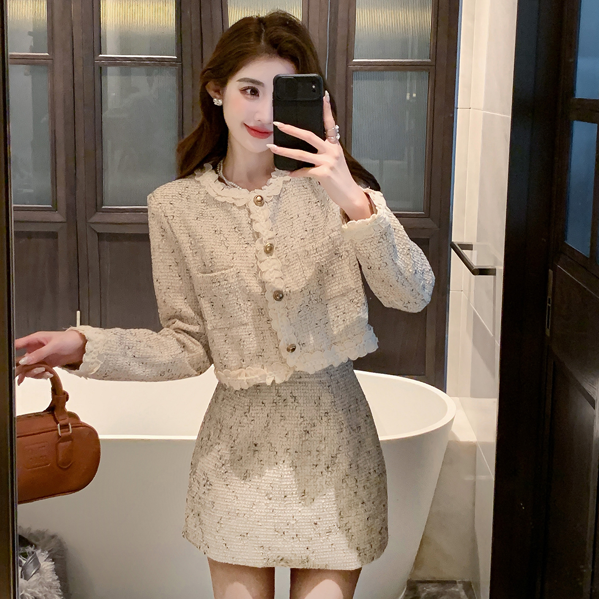 實拍蕾絲拼接外套+半身裙兩件套女2023秋季氣質木耳邊小香風套裝