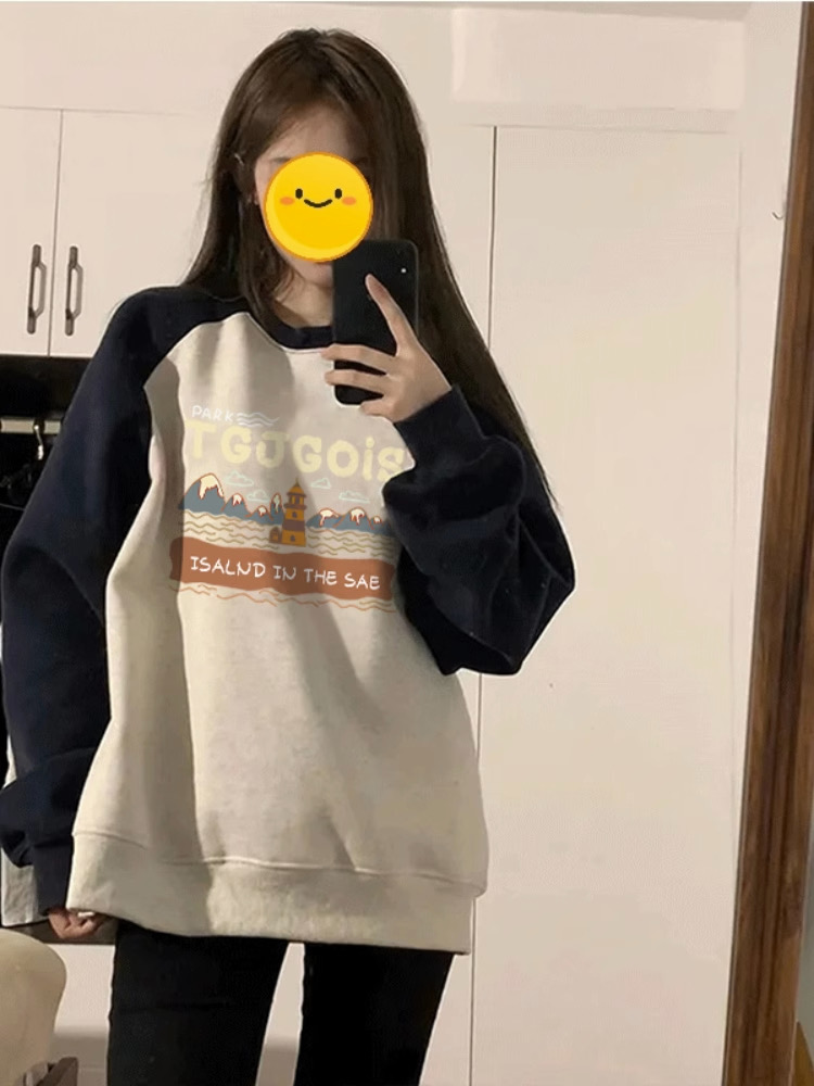 SEZO插肩袖圓領無帽加絨秋冬oversize衛衣女春秋2023新款上衣