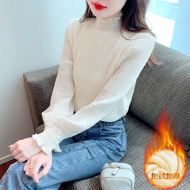 加厚蕾絲雪紡衫打底女2023秋冬半高領壓褶加絨法式內搭上衣