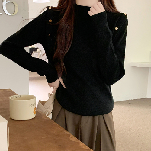 Real shot of French half turtleneck long-sleeved sweater for women in spring and autumn high-end buttoned sweater bottoming shirt