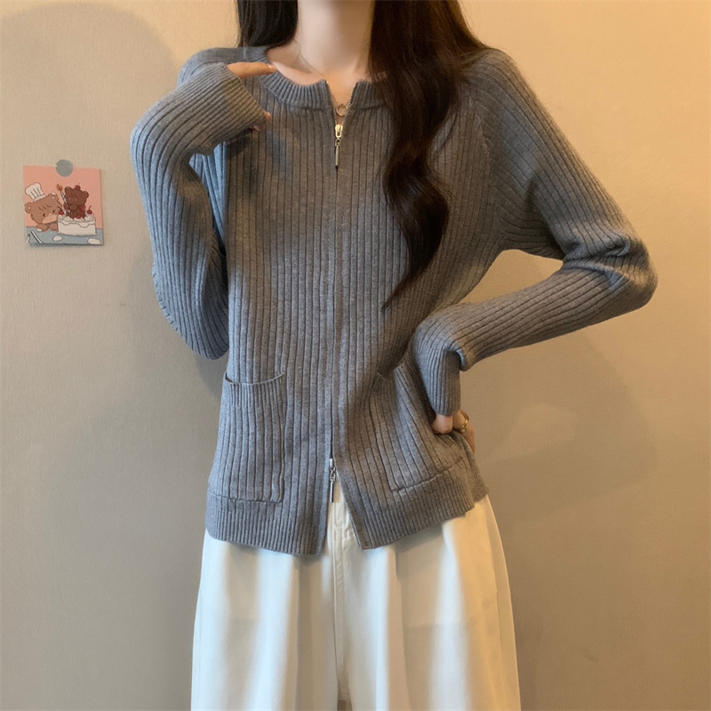 實拍 秋冬純色雙頭拉鏈顯瘦口袋慵懶開衫針織衫上衣女