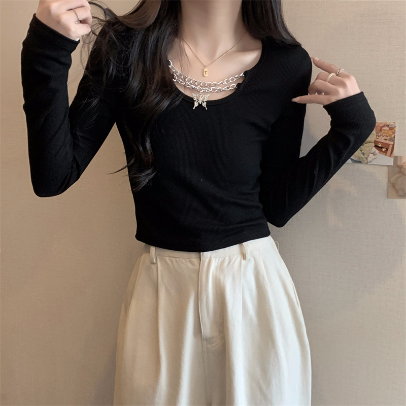 Real shot of ammonia German velvet brushed long-sleeved T-shirt women's short butterfly chain autumn and winter Korean version
