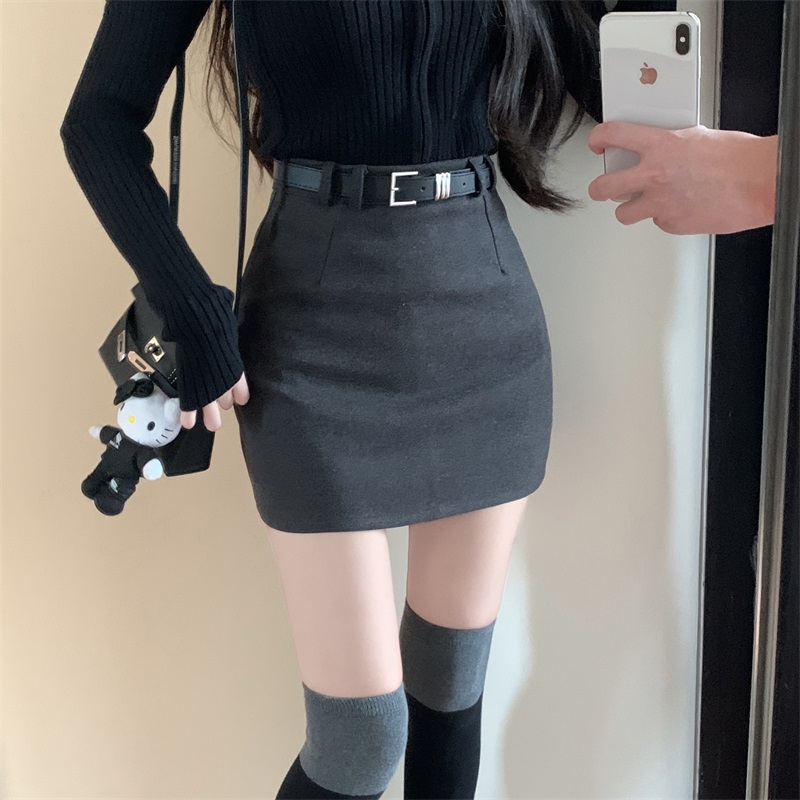 Real shot!  New Hot Girl High Waisted Belt Covering Hips Slimming Woolen Woolen Versatile Butt-Showing Short Skirt