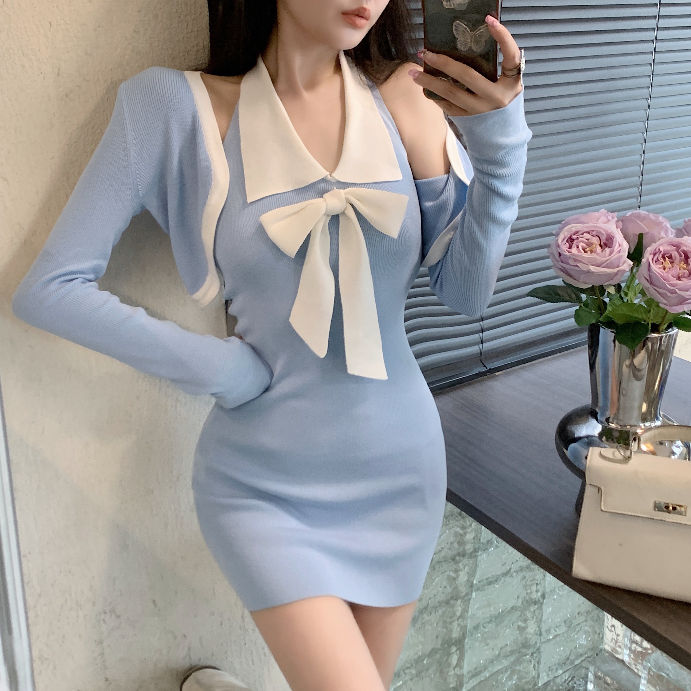 實拍掛脖連衣裙性感修身蝴蝶結甜美純欲包臀裙+小披肩外套兩件套
