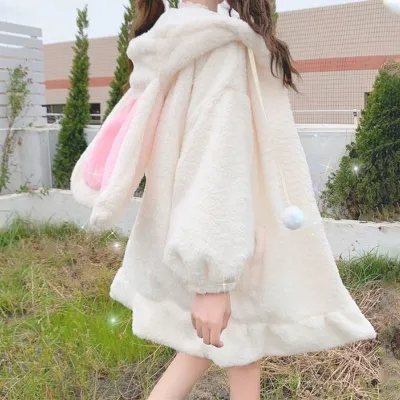Winter style soft girl cute fur ball rabbit ears hooded ruffle edge lamb hair thickened cotton coat student girl