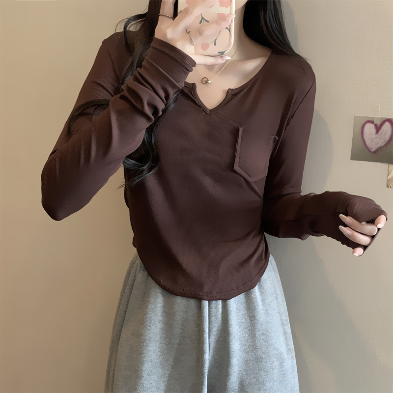Actual shot of ammonia velvet brushed thin velvet V-neck long-sleeved T-shirt for women with pockets