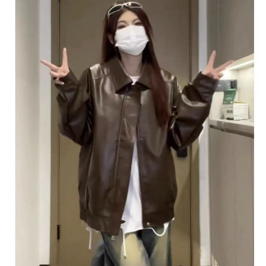 Hong Kong style brown leather jacket for women 2023 new autumn American retro street sweet and cool motorcycle pu leather jacket trendy