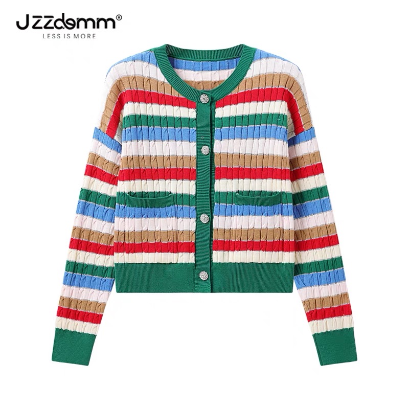 九州誠品/JZZDEMM條紋麻花鑽扣高級感毛衣女春秋款針織開衫上衣潮