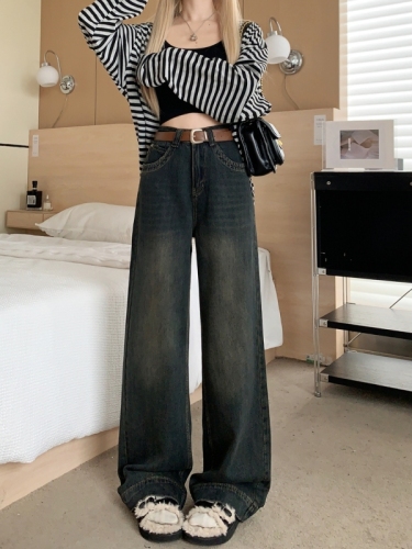 Actual shot #New vintage distressed wide-leg denim trousers for women, designed washed loose floor-length trousers