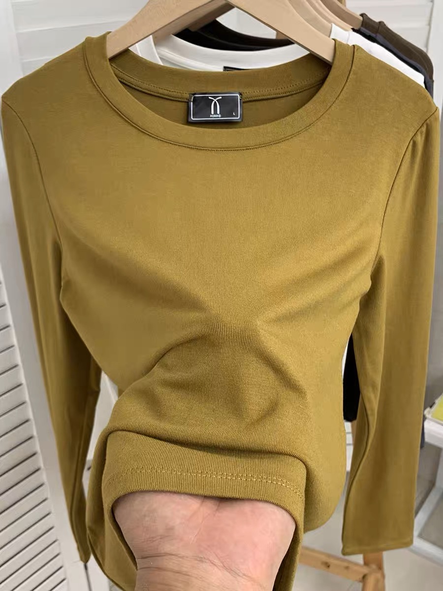 歐貨春秋彈力大碼內搭圓領長袖打底衫t恤女百搭顯瘦修身洋氣上衣