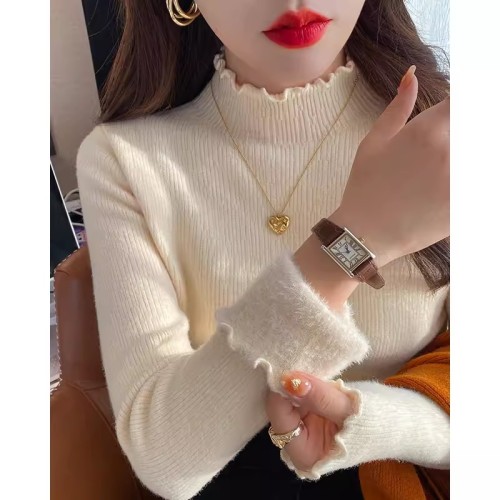 Autumn and winter fleece-lined sweater for women, thickened with lace trim, half-high collar pullover, fashionable knitted base shirt, warm top