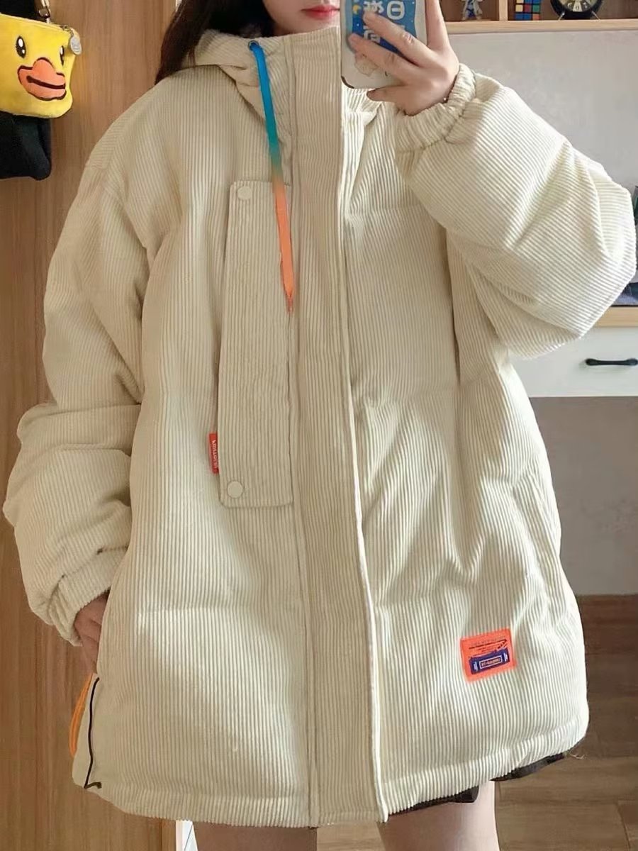 港風燈芯絨加厚連帽衛衣棉衣外套女秋冬季韓版寬鬆學生潮ins棉服