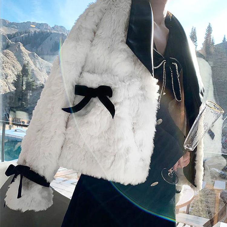 Korean lined sherpa bow cotton clothespin thickened plush velvet cotton coat women's fur coat