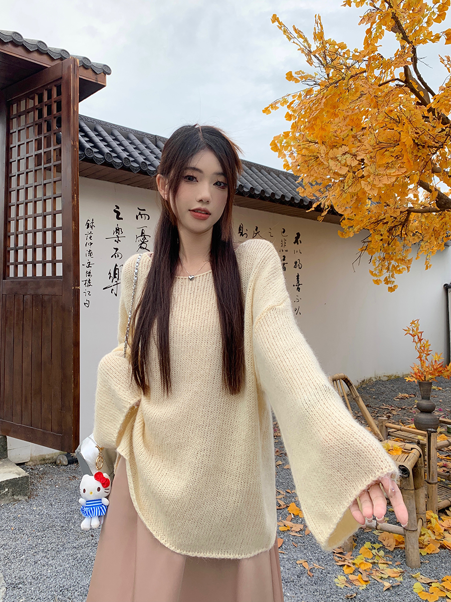 韓系溫柔風馬海毛長袖針織衫寬鬆百搭女秋季2023新款慵懶風上衣