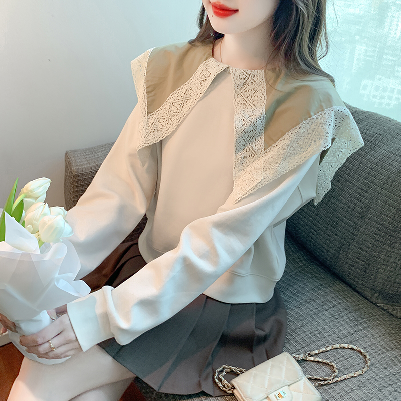 實拍*2023新款韓版秋季花朵學院風長袖大翻領套頭上衣潮女