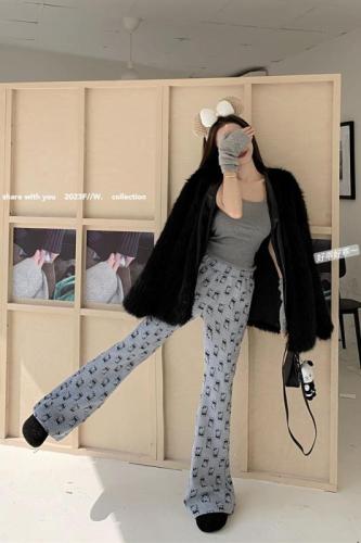 Real Shot Film Diary Korean Style Lazy Style Fur Jacket Bottoming Suspenders Cartoon Cat Flared Pants